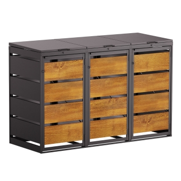 Abri pour trois poubelles à 120L Kim en noir avec façade décor bois 