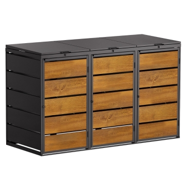 Abri pour trois poubelles à 240L Edda en noir avec façade décor bois 
