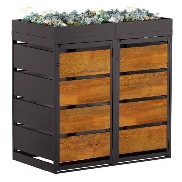 Abri pour deux poubelles à 120L Egon en noir avec façade décor bois