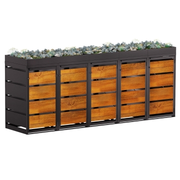 Abri pour cinq poubelles à 120L Egon en noir avec façade décor bois