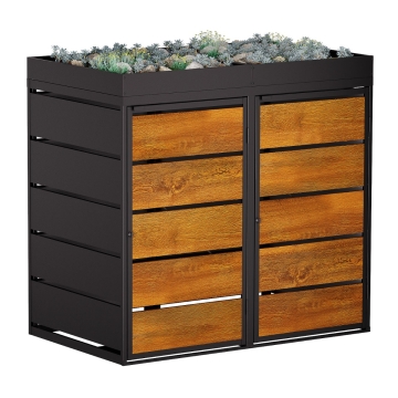 Abri pour deux poubelles à 240L Edgar en noir avec façade décor bois