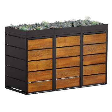 Abri pour trois poubelles à 240L Edgar en noir avec façade décor bois
